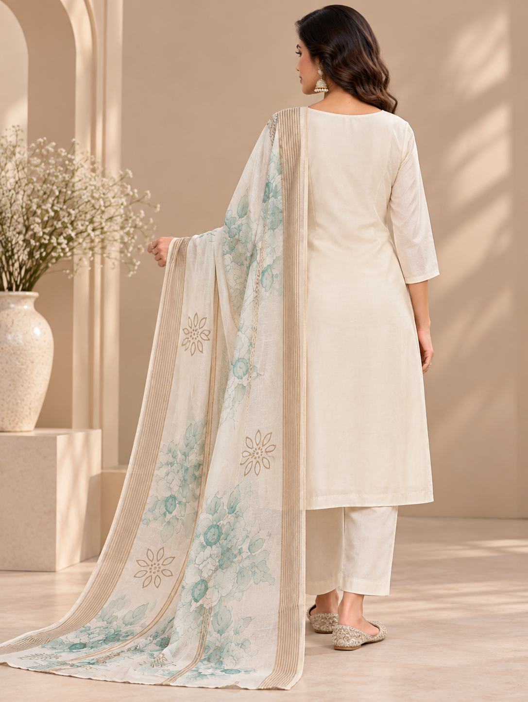 Women’s Cream Embroidered Readymade Suit Set with Matching Pant & Printed Dupatta | 3 Piece Ethnic Wear Set
