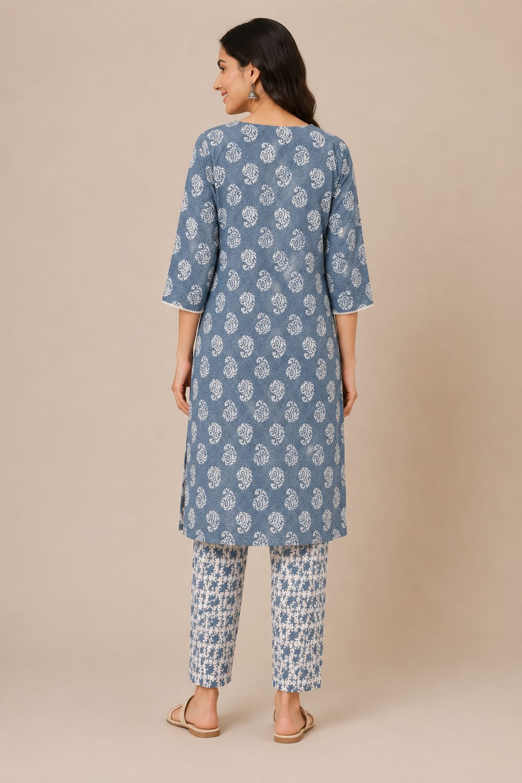 Women’s Blue Printed Cotton Kurta Pant Co-Ord Set | Straight Kurta & Printed Pants | Casual Ethnic Wear Set