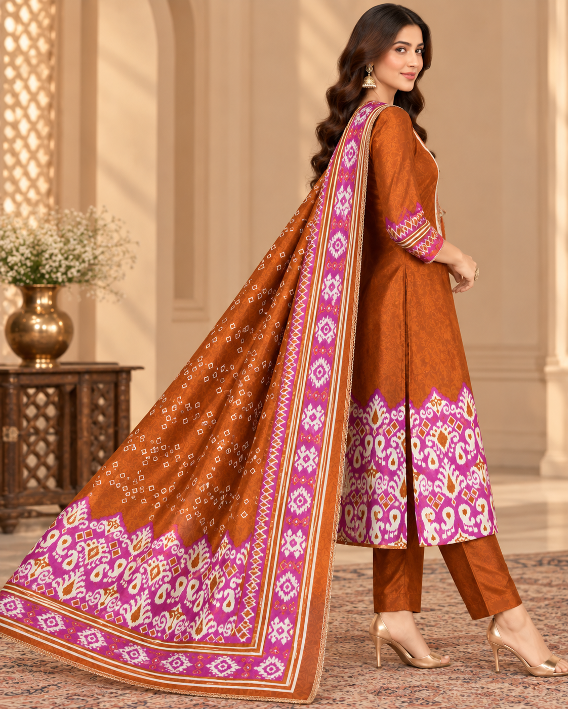 A woman models a traditional Indian salwar kameez suit set in a warm indoor setting. The set features a burnt orange kurta with a white and magenta embroidered yoke and border, matching orange trousers, and a coordinating orange dupatta with a magenta and white patterned border.