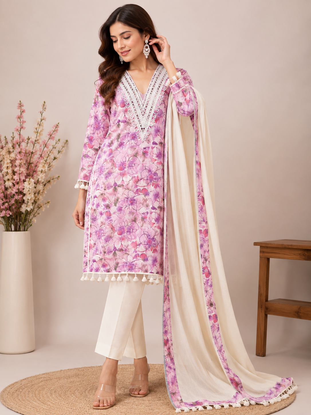 A woman models a traditional Indian salwar kameez suit set. The set features a light pink floral printed kurta with white tassel trim, white trousers, and a cream-colored dupatta with pink floral prints and a pink border.