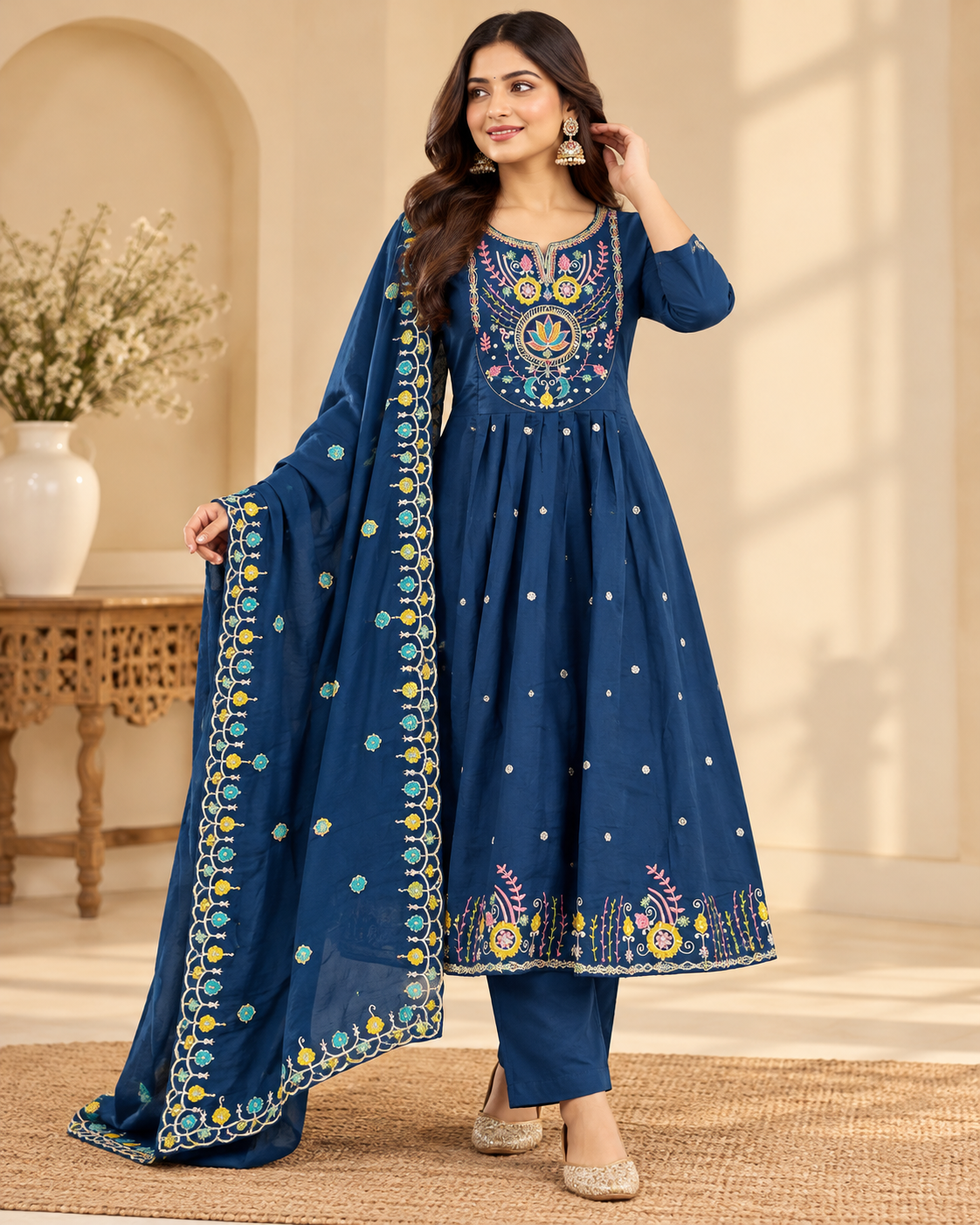 A woman models a navy blue ethnic salwar kameez suit with colorful floral embroidery and a matching dupatta in a warm, sunlit indoor setting.