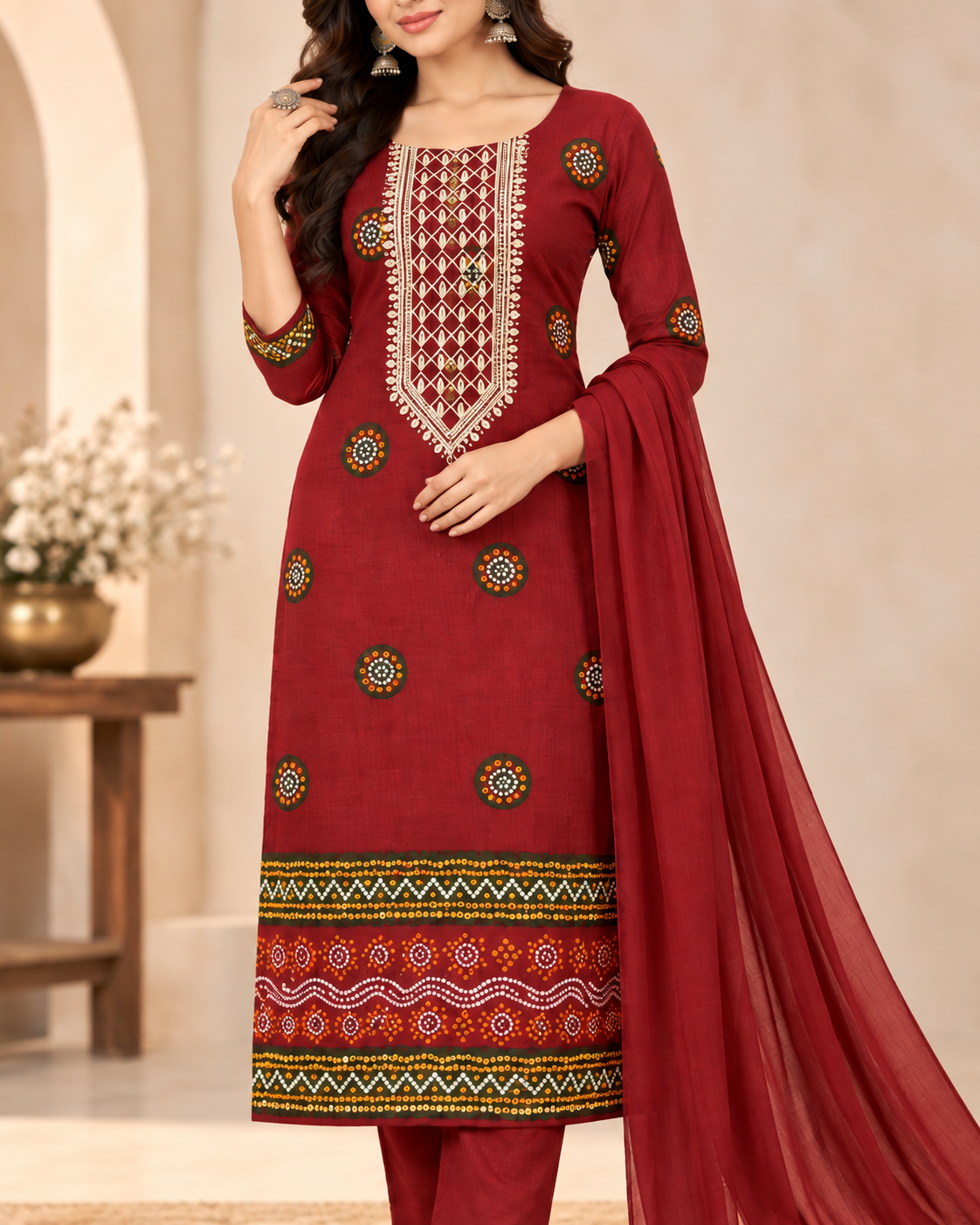 A woman models a traditional Indian salwar kameez suit in deep maroon. The kurta features intricate gold, green, and white embroidery around the neckline and a matching geometric border at the hem, paired with matching trousers and a flowing dupatta.