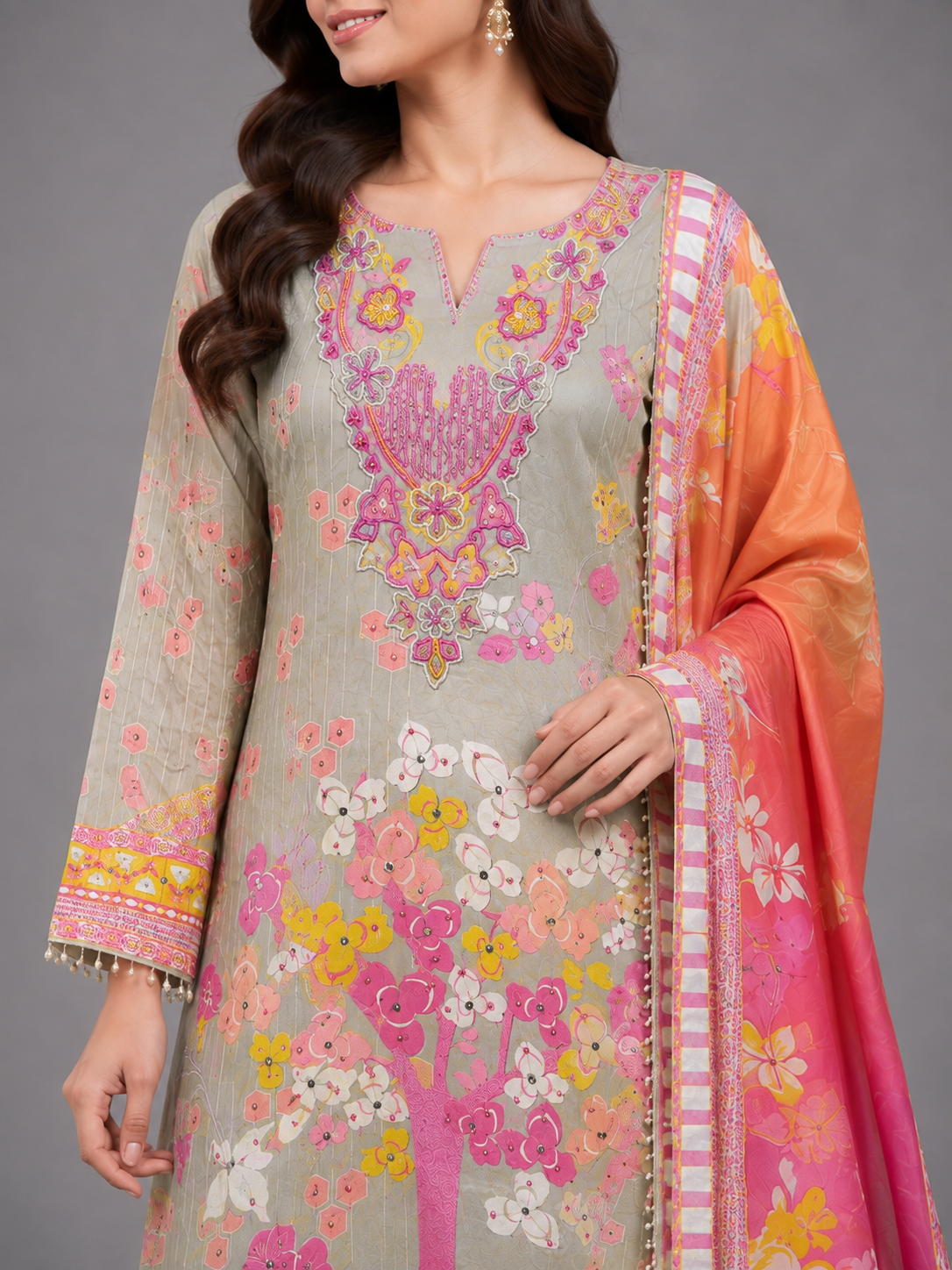 Sage Grey Floral Printed Cotton Unstitched Kurta Dress Material with Embroidered Neckline & Pink Dupatta