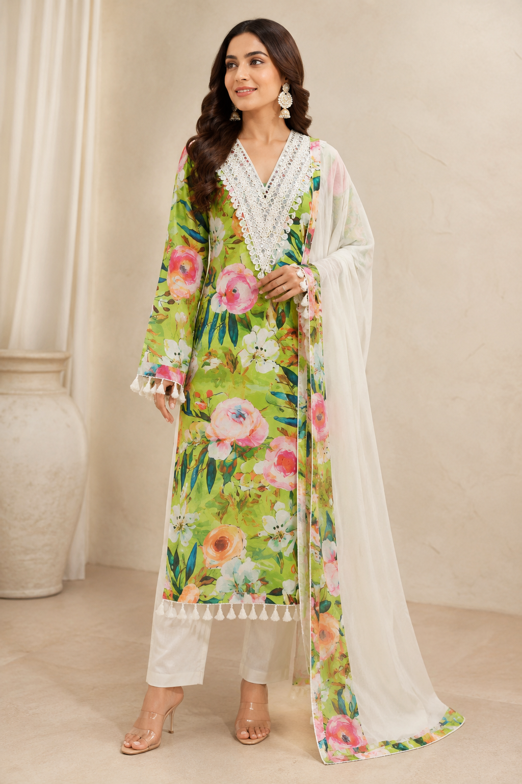 Women’s Green Floral Handwork Embroidered Cotton Kurta Set with Dupatta