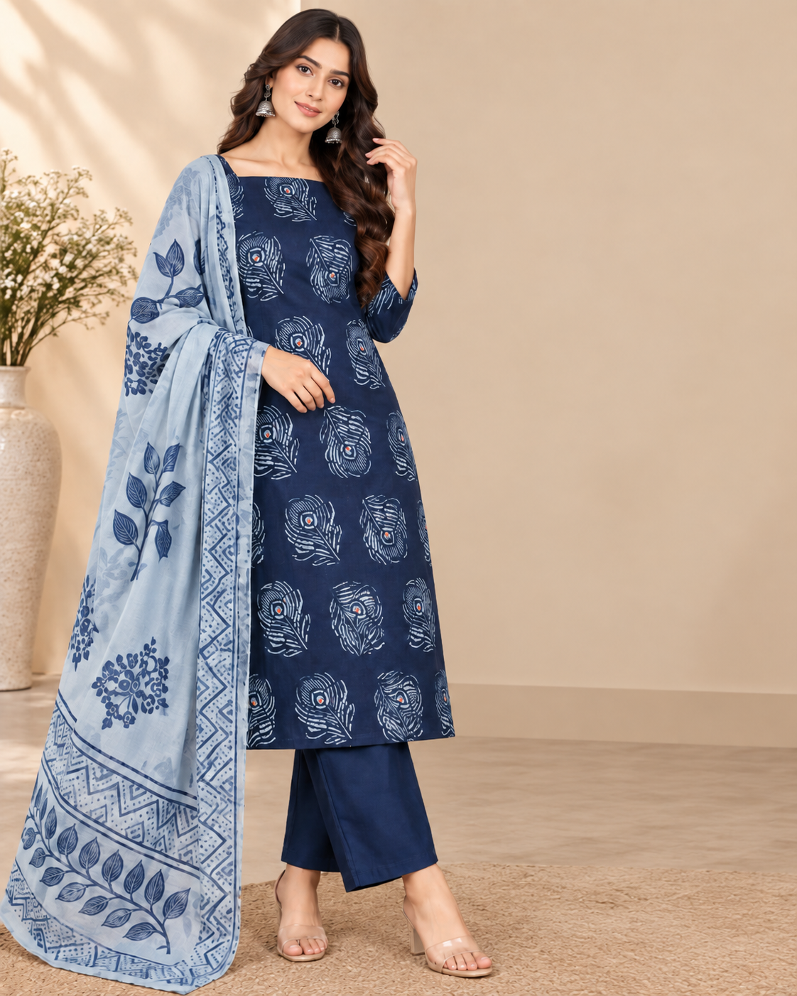 A woman models a navy blue salwar kameez set with a light blue printed dupatta. The kurta features a navy blue base with light blue floral block prints, paired with solid navy blue pants and a matching light blue dupatta with a detailed border.