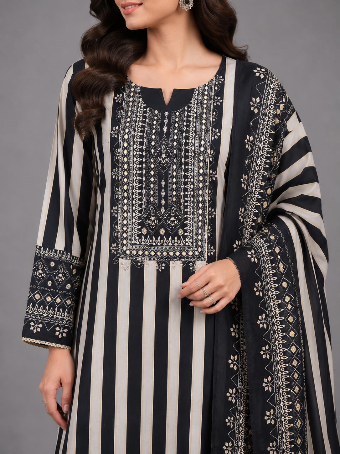Women Black & Off-White Striped Embroidered Unstitched Suit Set with Matching Dupatta