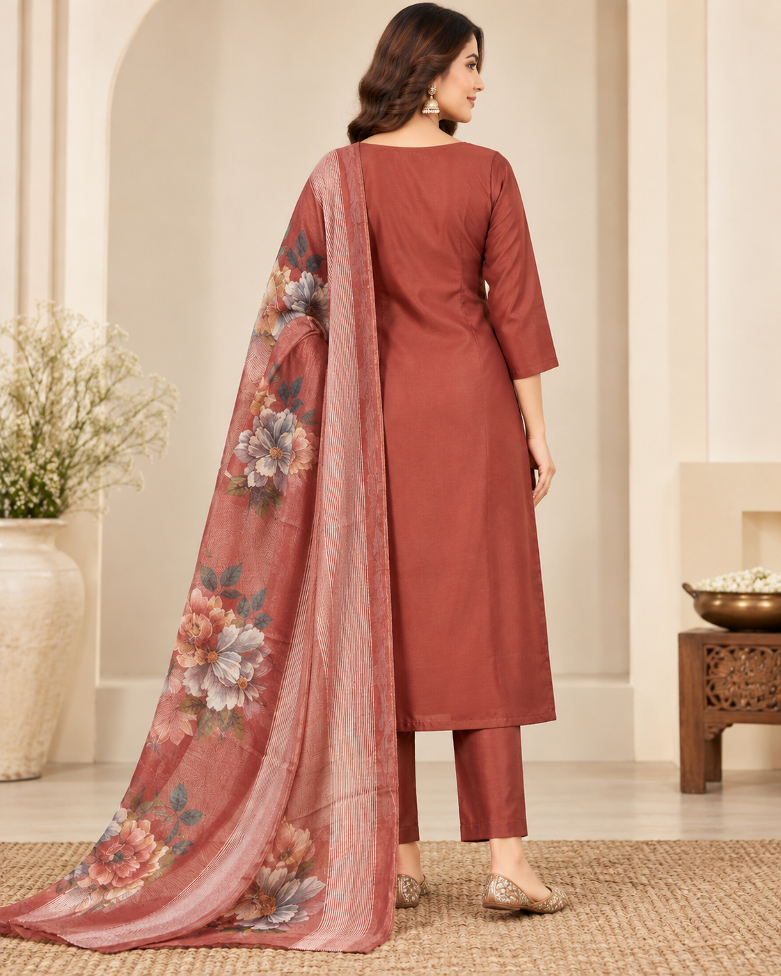 A woman models a traditional Indian salwar kameez suit set in a warm, neutral indoor setting. The set features a rust-brown kameez kurta with gold and turquoise embroidery, matching brown pants, and a sheer dusty-rose dupatta with a floral print.