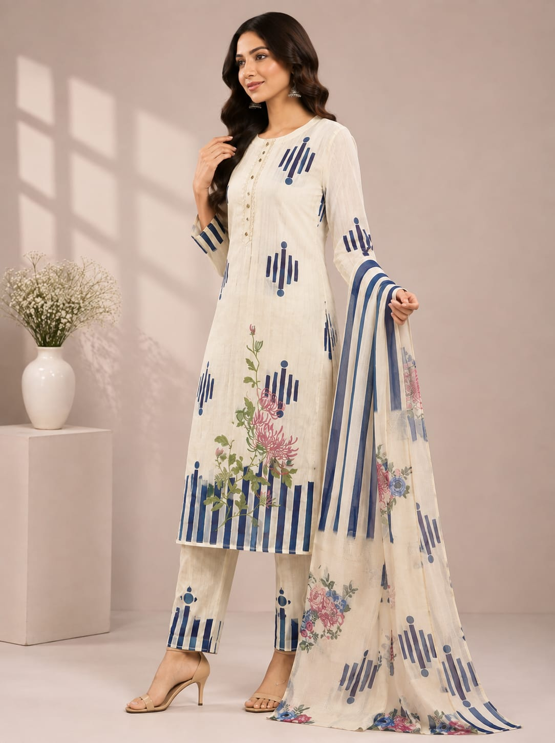 Women’s Sky Blue Printed Jam Satin Unstitched Suit Set with Embroidered Neck, Matching Bottom & Floral Dupatta