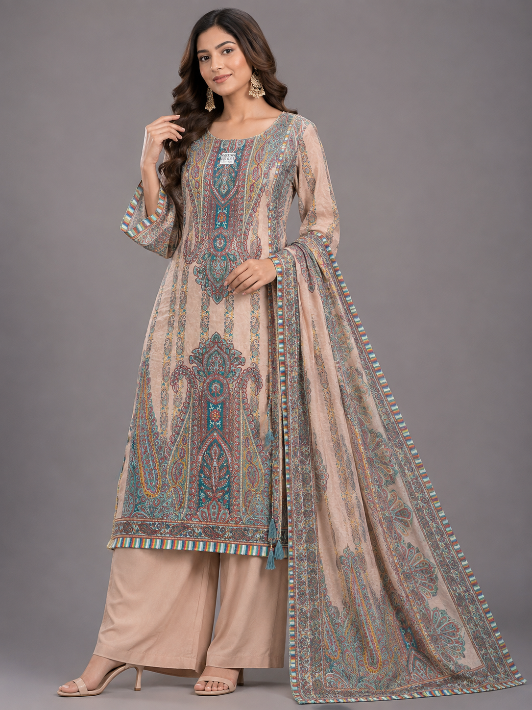 Beige & Teal Kashmiri Paisley Unstitched Suit Set