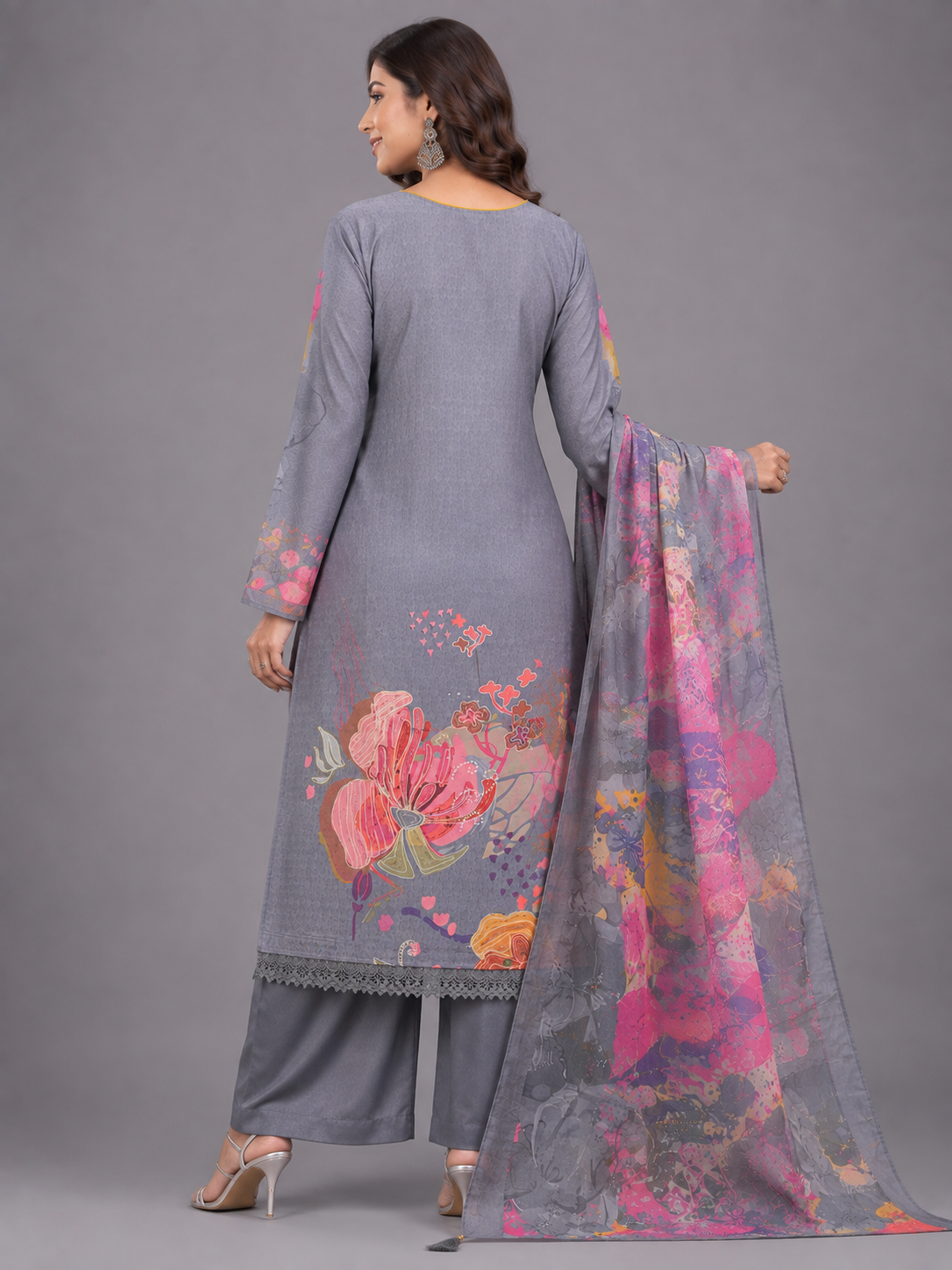 Women Grey Abstract Floral Printed Unstitched Suit Set with Piping Placket Detail & Printed Dupatta
