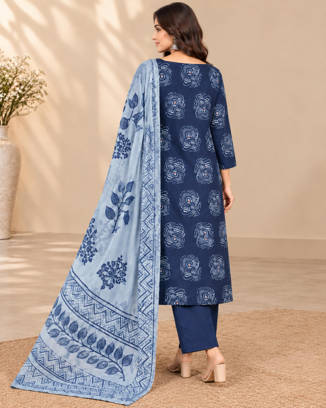A woman models a navy blue salwar kameez set with a light blue printed dupatta. The kurta features a navy blue base with light blue floral block prints, paired with solid navy blue pants and a matching light blue dupatta with a detailed border.