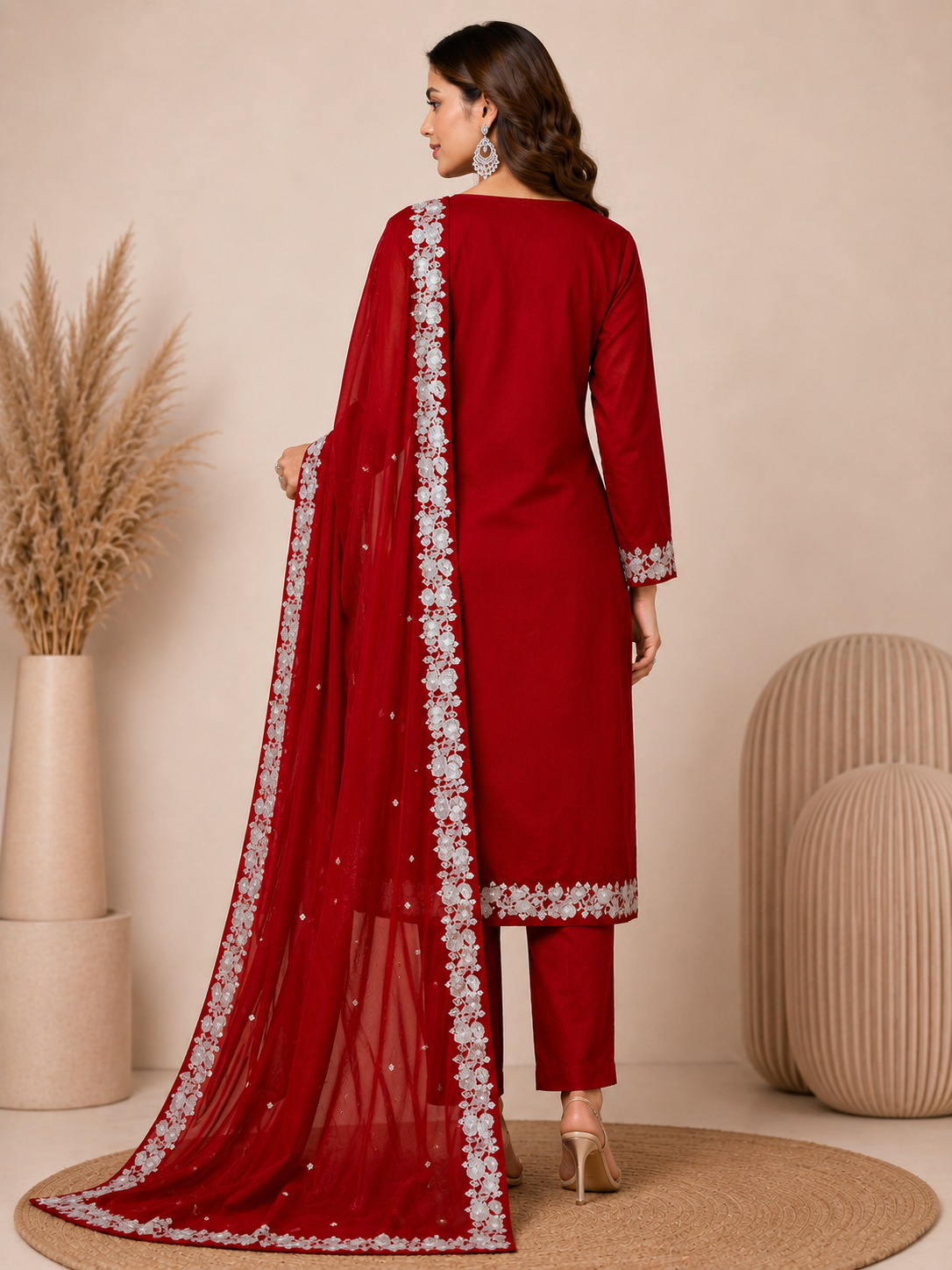 Women’s Maroon Red Handwork Embroidered Mul Chanderi Kurta Set with Dupatta