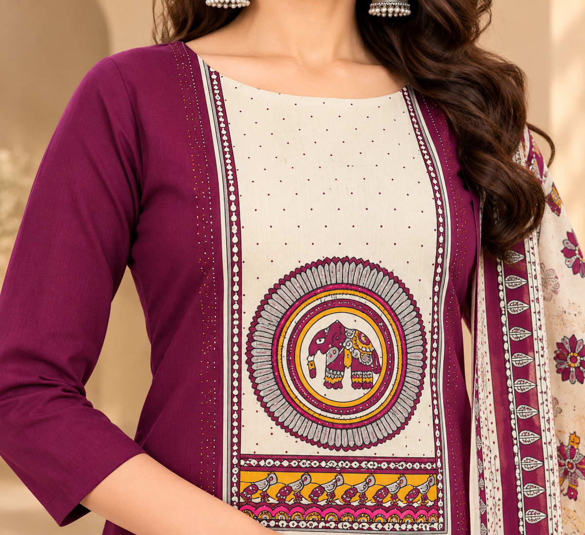 Women’s Magenta and Cream Printed Ethnic Suit Set with Elephant Motif Dupatta | Designer Indian Traditional Wear for Women
