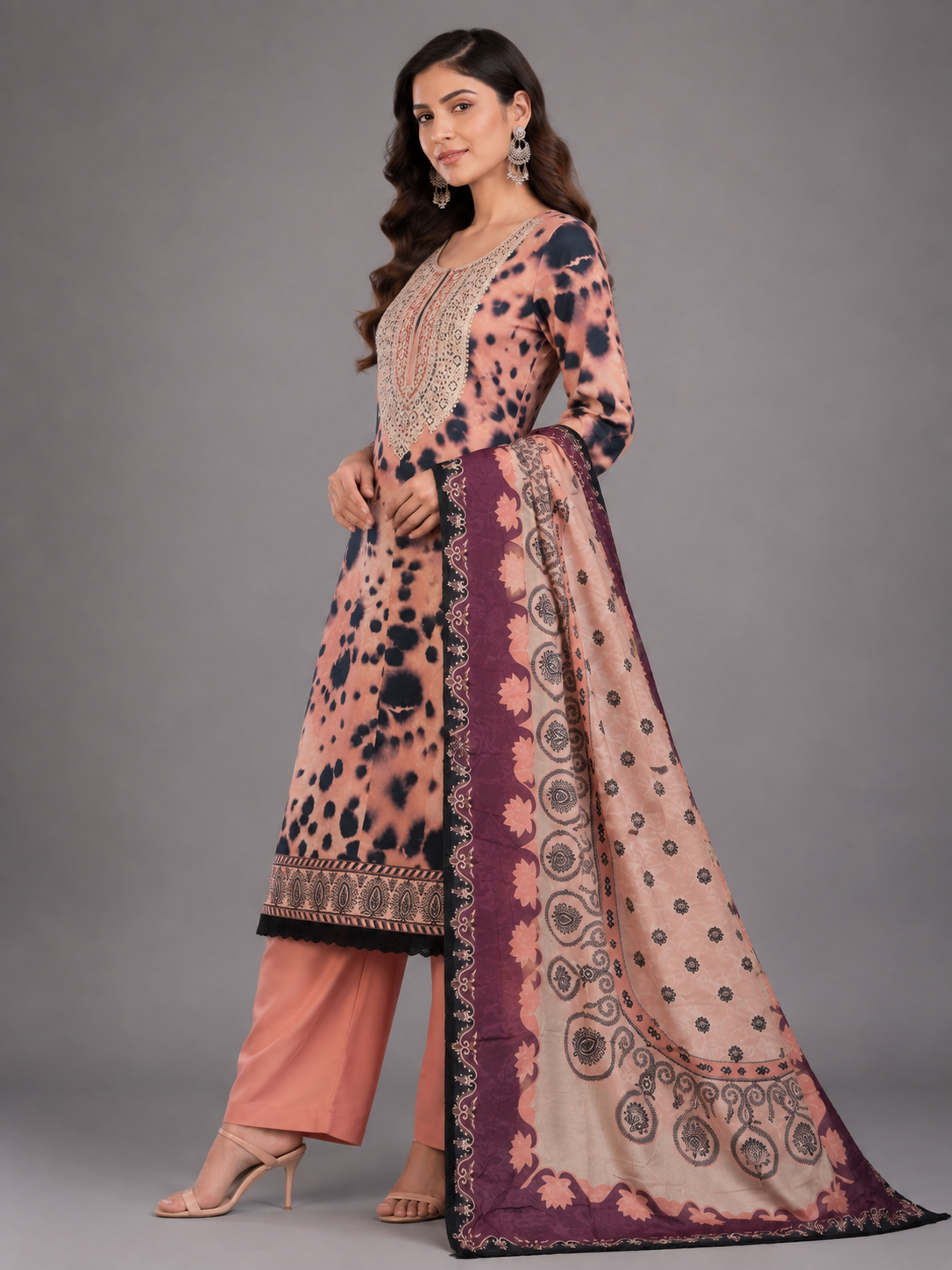 Shibori Print Peach Unstitched Dress Material with Dupatta