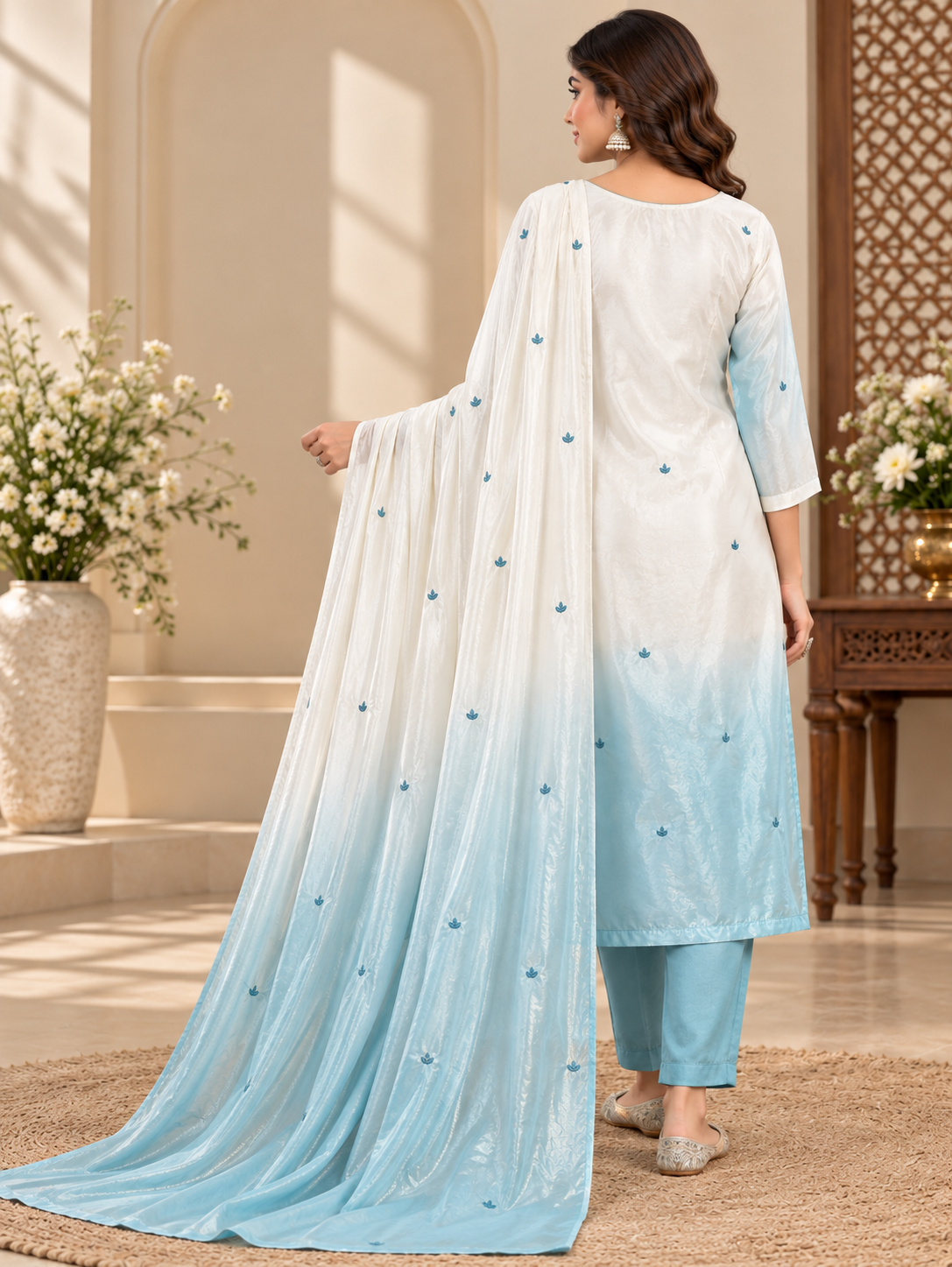 Women’s Off-White and Blue Embroidered Readymade Suit Set with Matching Pant & Dupatta | 3 Piece Ethnic Wear Set