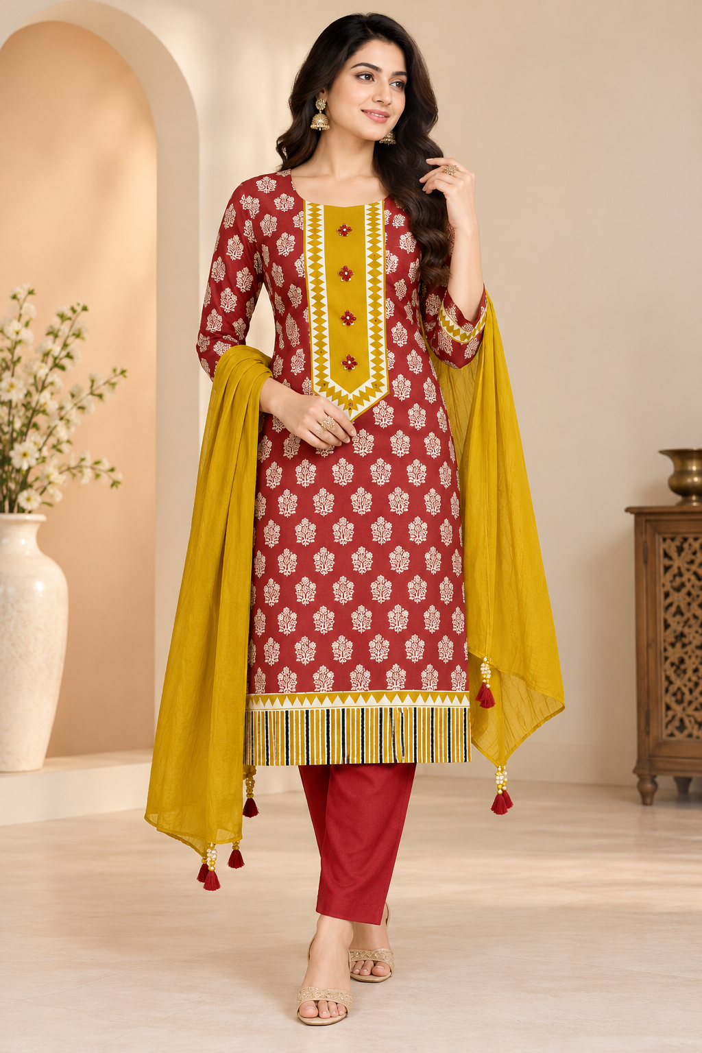 A woman models a traditional Indian salwar kameez suit set. The kurta is maroon red with a white floral pattern, featuring a yellow embroidered yoke with red buttons.