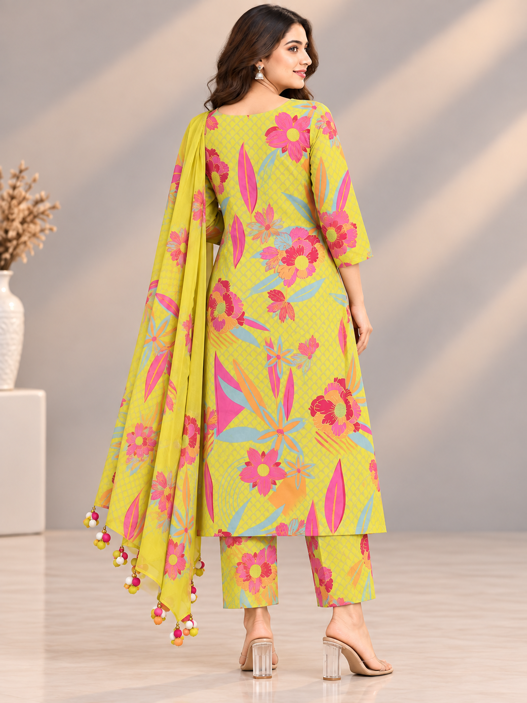 Lime Yellow Floral Printed Suit Set | Designer 3-Piece Salwar Suit with Embroidered Neck & Matching Dupatta
