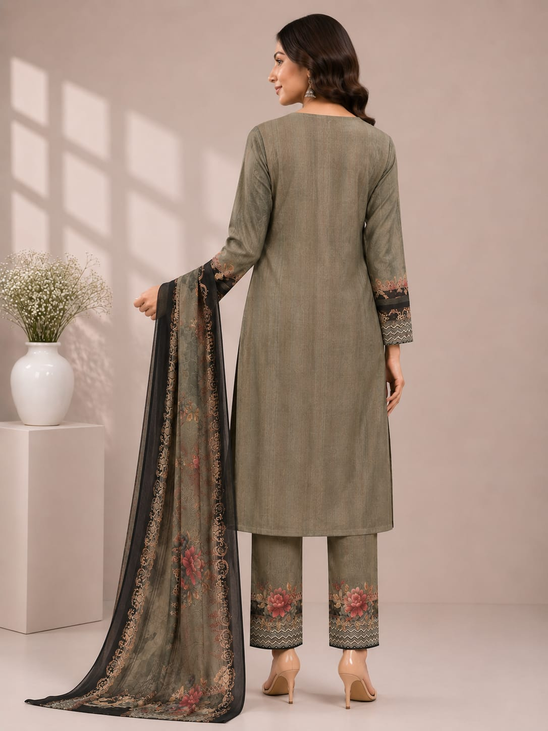Women’s Olive Green Floral Printed Jam Satin Unstitched Suit Set with Embroidered Neck, Matching Bottom & Printed Dupatta