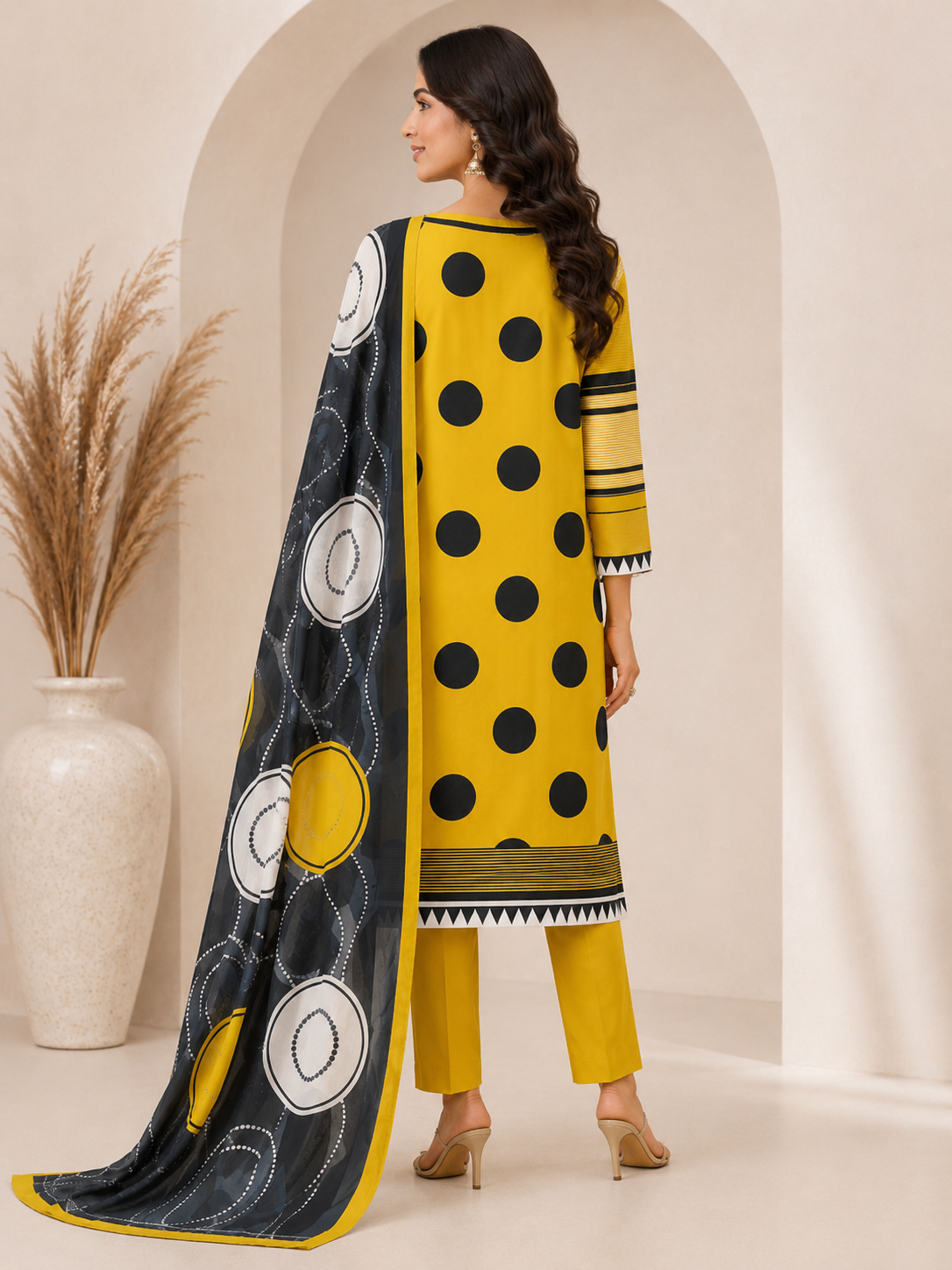 Women’s Mustard Yellow & Black Polka Dot Printed Rayon Kurta Set with Dupatta