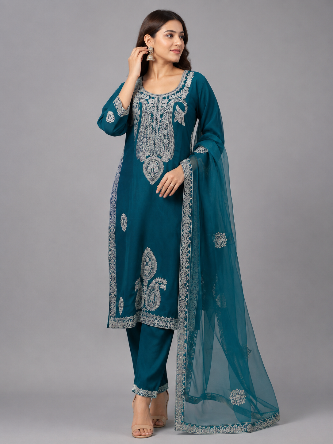 Teal Blue Embroidered Chanderi Silk Suit Set with Organza Dupatta
