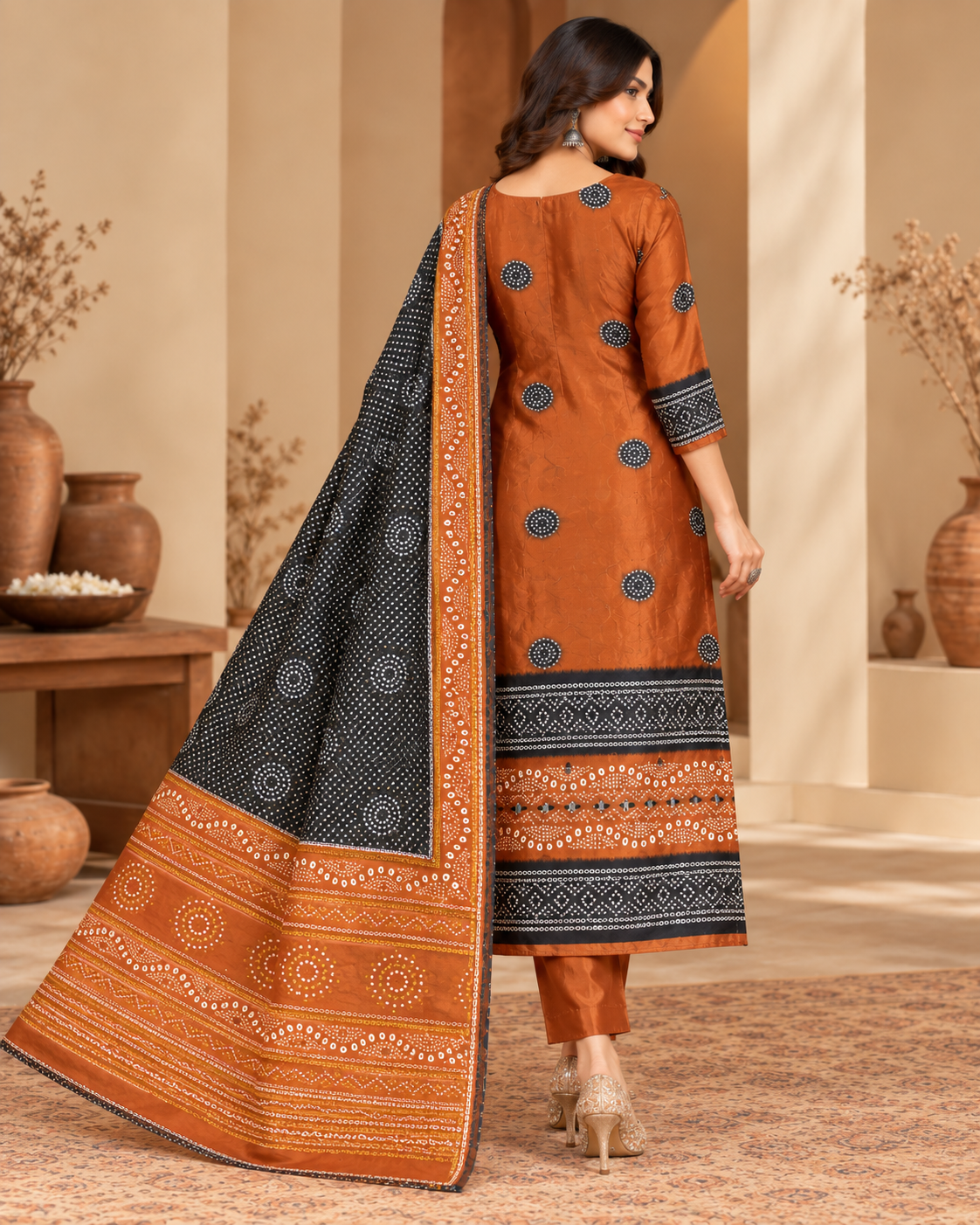 A woman models a traditional Indian salwar kameez suit set in a warm, decorated indoor setting. The set features an orange-brown kurta and trousers with detailed black and white geometric patterns, paired with a black dupatta that has a wide orange patterned border.