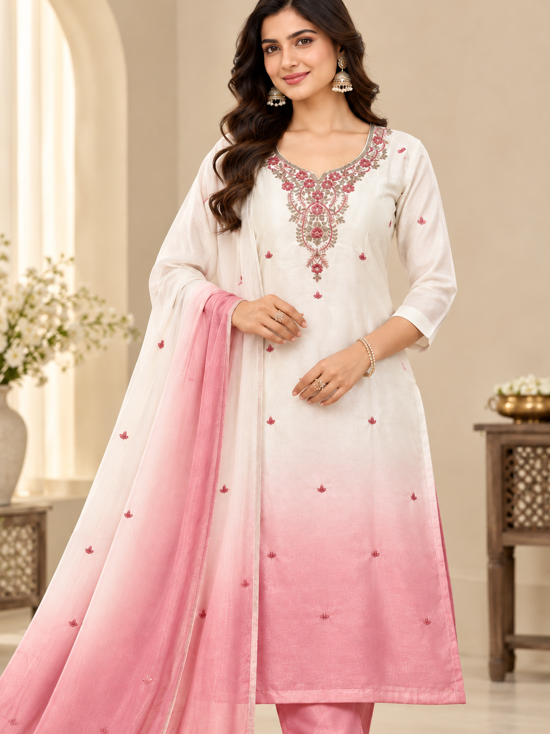 Women’s Off-White and Pink Embroidered Readymade Suit Set with Matching Pant & Dupatta | 3 Piece Ethnic Wear Set