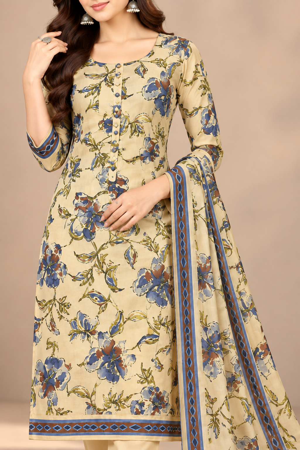 Women Cream Floral Printed Unstitched 3-Piece Suit Set with Blue Floral Print, Matching Bottom & Dupatta