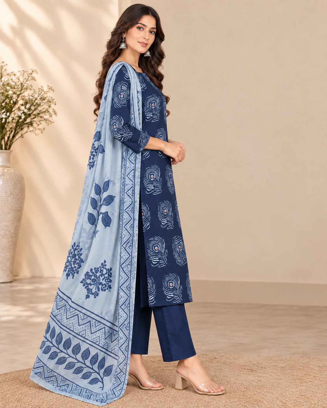 Navy Blue Peacock Print Suit Fabric for Women with Printed Dupatta