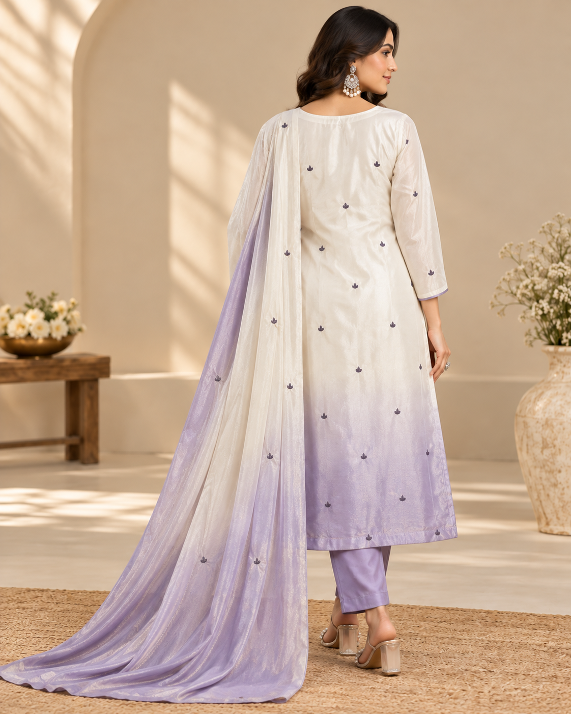 Women’s Off-White and Lavender Embroidered Readymade Suit Set with Matching Pant & Dupatta | 3 Piece Ethnic Wear Set