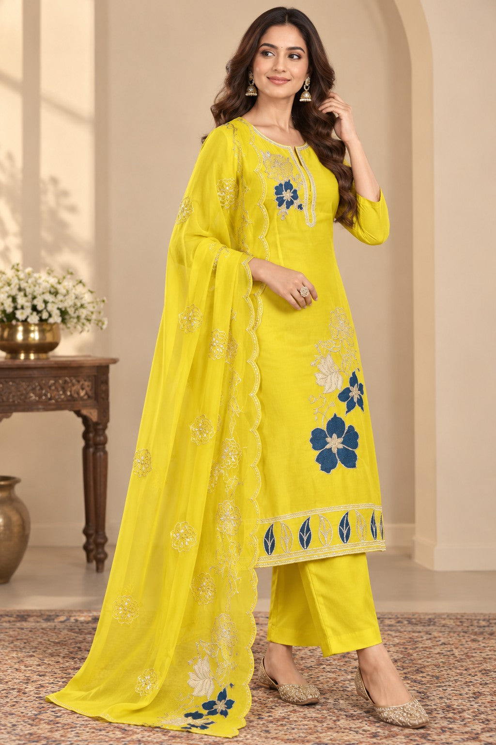 A woman models a bright yellow Indian ethnic salwar kameez suit with blue and white floral embroidery, featuring a matching dupatta, in an indoor setting.
