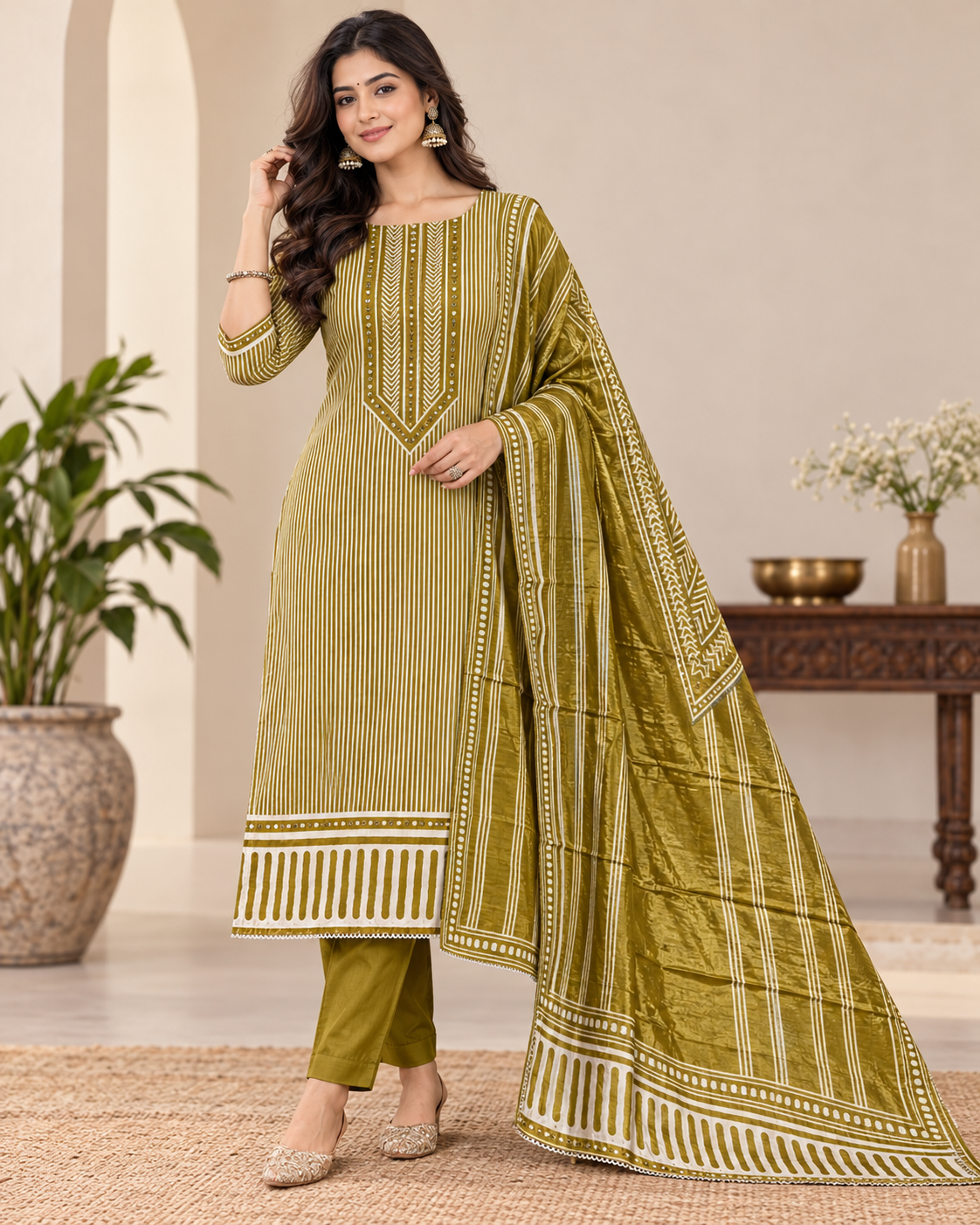 Olive Green Gajji Silk Unstitched Suit Set with Printed Dupatta | Designer Ladies Suit