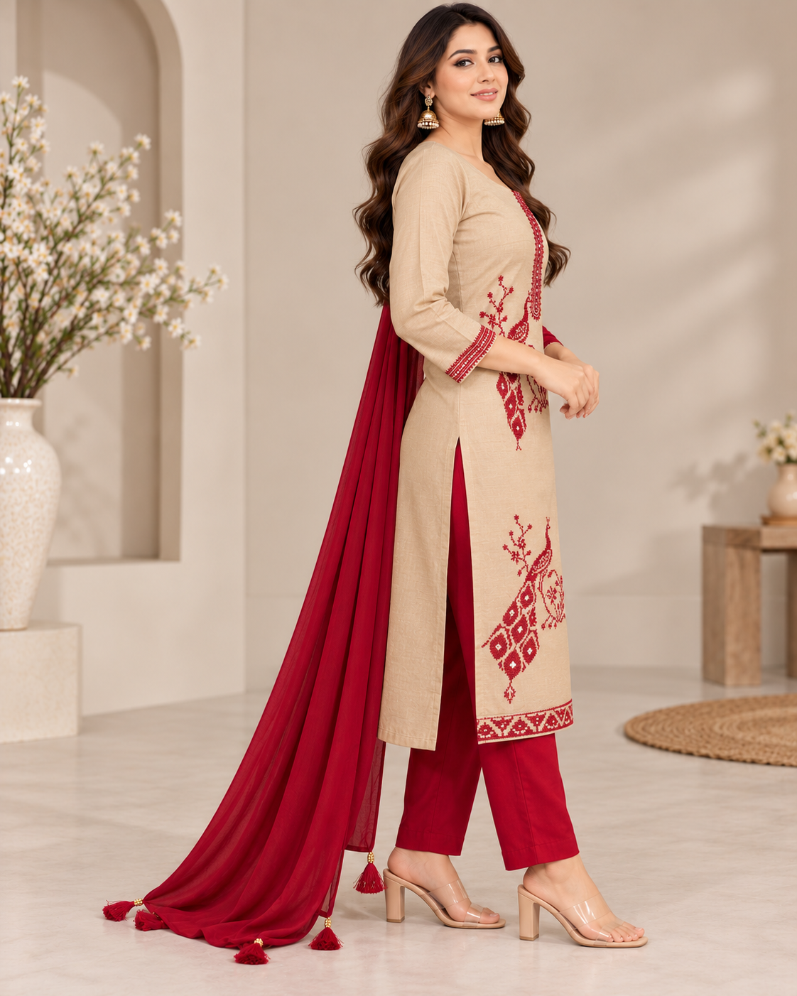 Beige and Maroon Peacock Embroidered Unstitched Salwar Suit Set with Matching Dupatta for Women