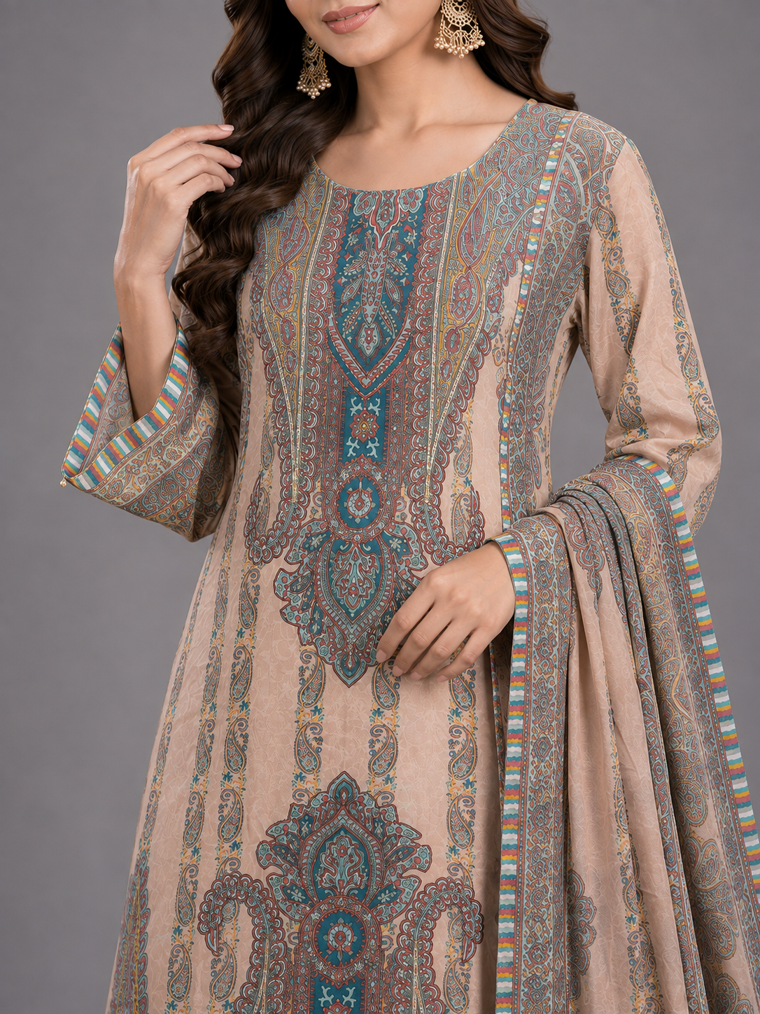 Beige & Teal Kashmiri Paisley Unstitched Suit Set