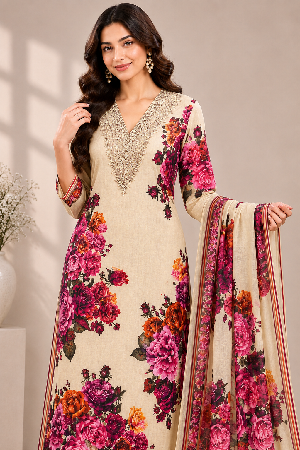 Women’s Cream Floral Printed Jam Satin Unstitched Suit Set with Embroidered Neck & Matching Dupatta