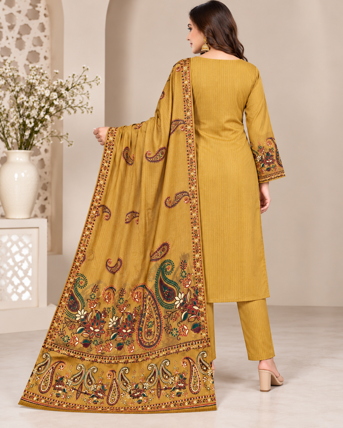 A woman shown from the back wearing a mustard yellow three-piece salwar kameez suit with detailed multicolor paisley and floral embroidery on the dupatta and sleeve cuffs, set against a neutral beige background.