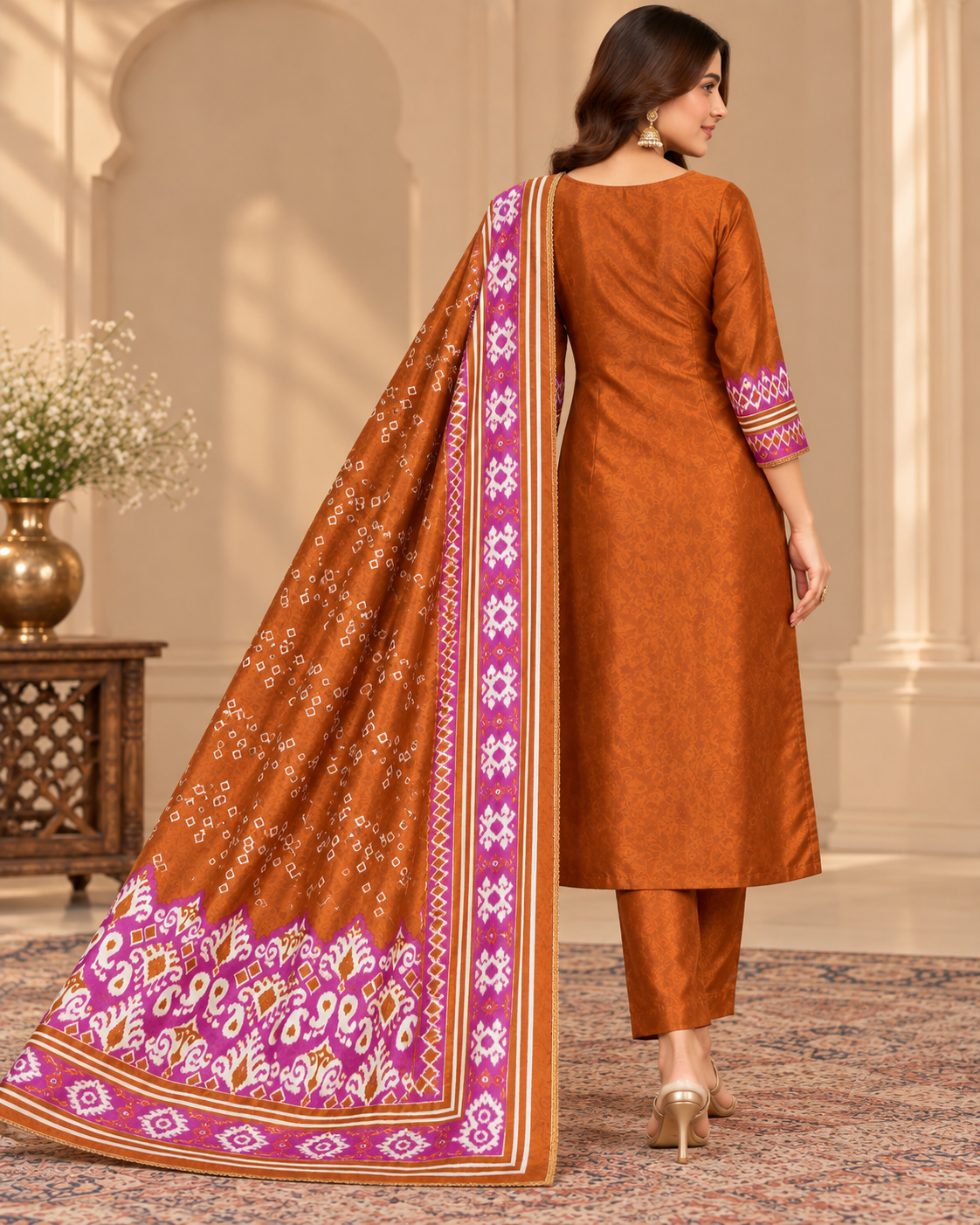 A woman models a traditional Indian salwar kameez suit set in a warm indoor setting. The set features a burnt orange kurta with a white and magenta embroidered yoke and border, matching orange trousers, and a coordinating orange dupatta with a magenta and white patterned border.