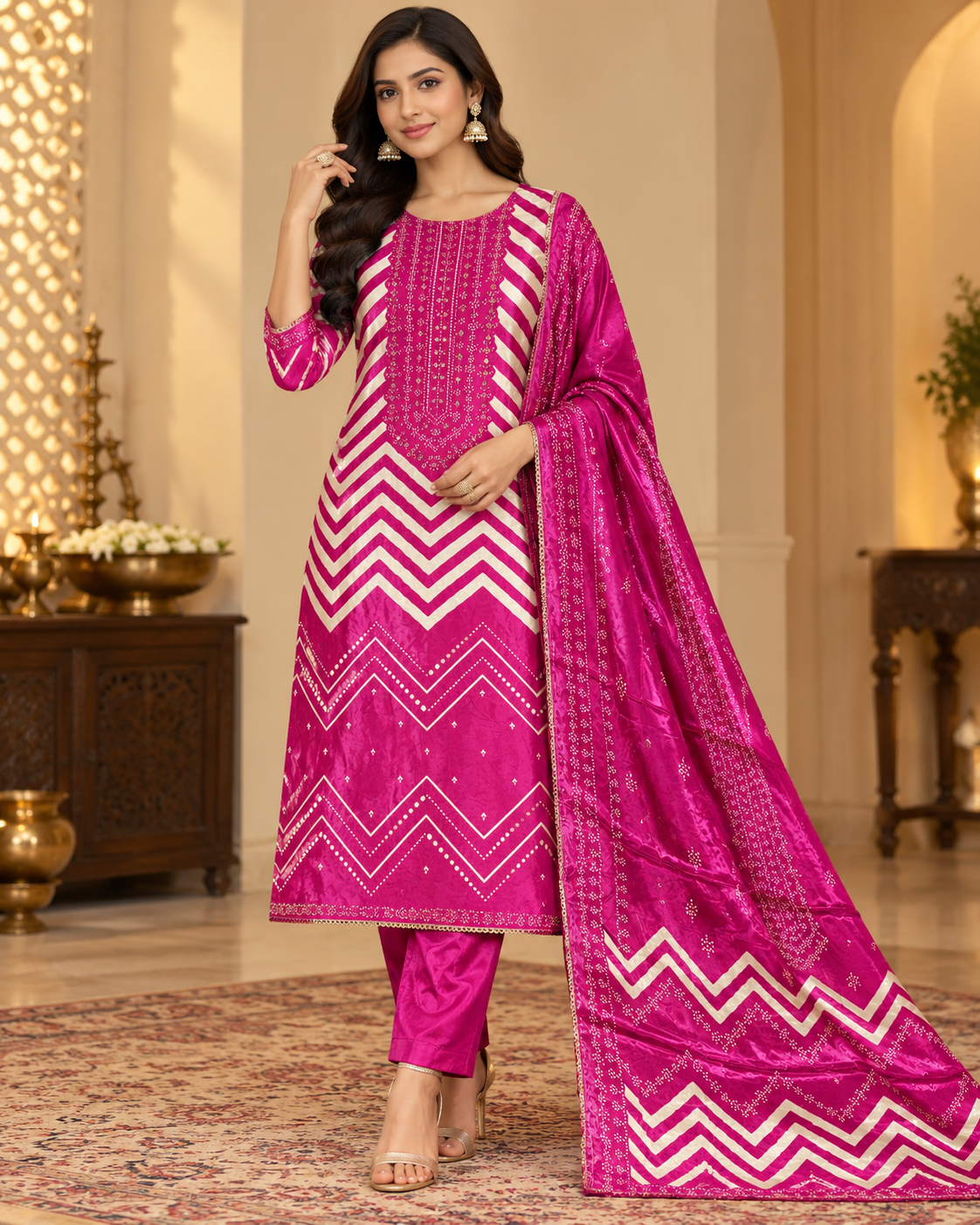 Magenta Pink Chevron Printed Unstitched 3-Piece Suit Set with Matching Dupatta