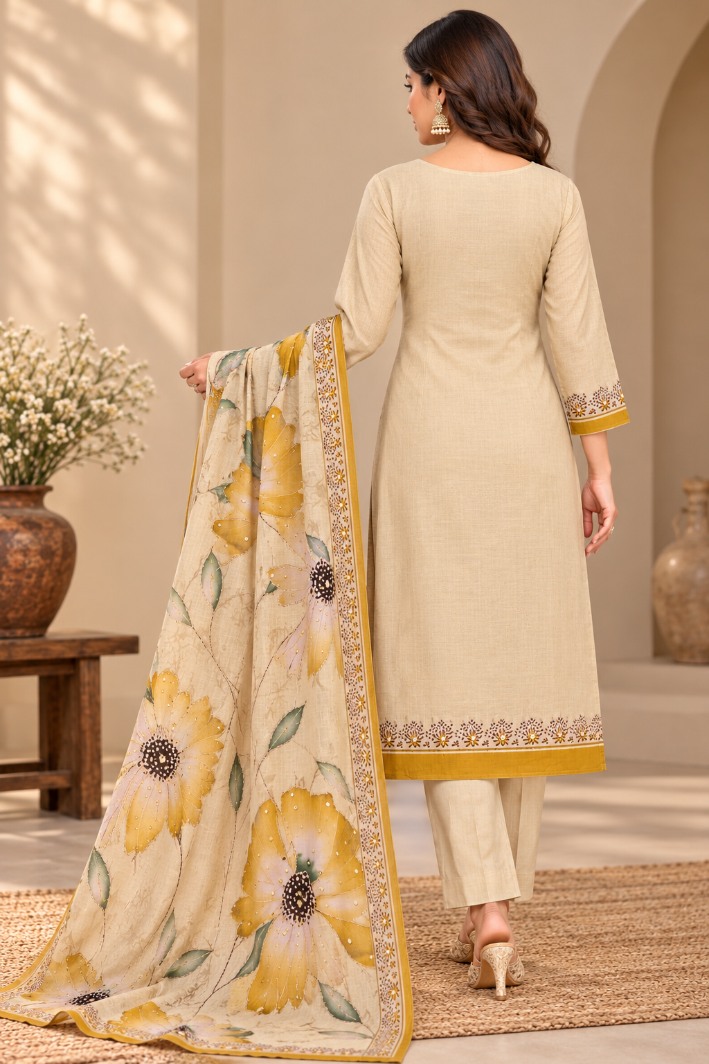 A woman models a traditional Indian salwar kameez suit set in a warm, neutral-toned indoor setting. The set features a cream-colored kurta and trousers with a large yellow and green floral print, a matching dupatta, and gold embroidered borders.