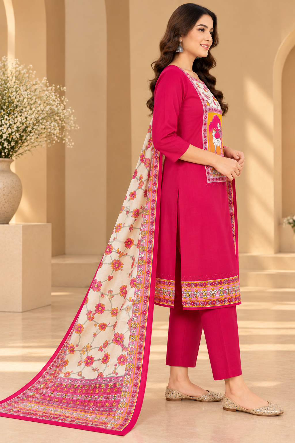 Women’s Rani Pink Printed Ethnic Suit Set with Cream Floral Dupatta, Deer Motif Front Design and Matching Bottom