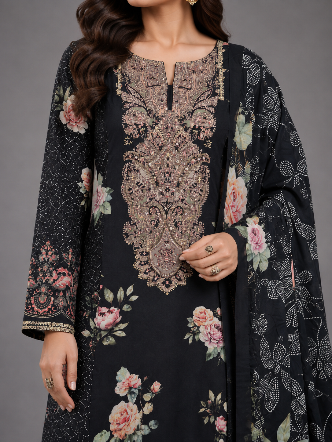 Black Rose Garden Printed Unstitched Suit Set