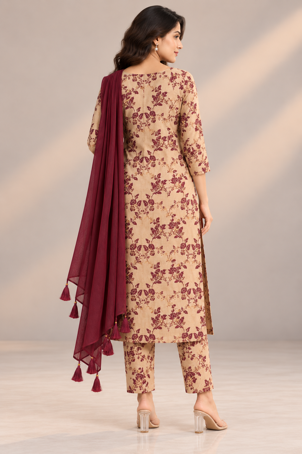 A woman modeling a beige and maroon floral printed salwar kameez suit with a matching maroon dupatta, shown from the back against a neutral studio backdrop.