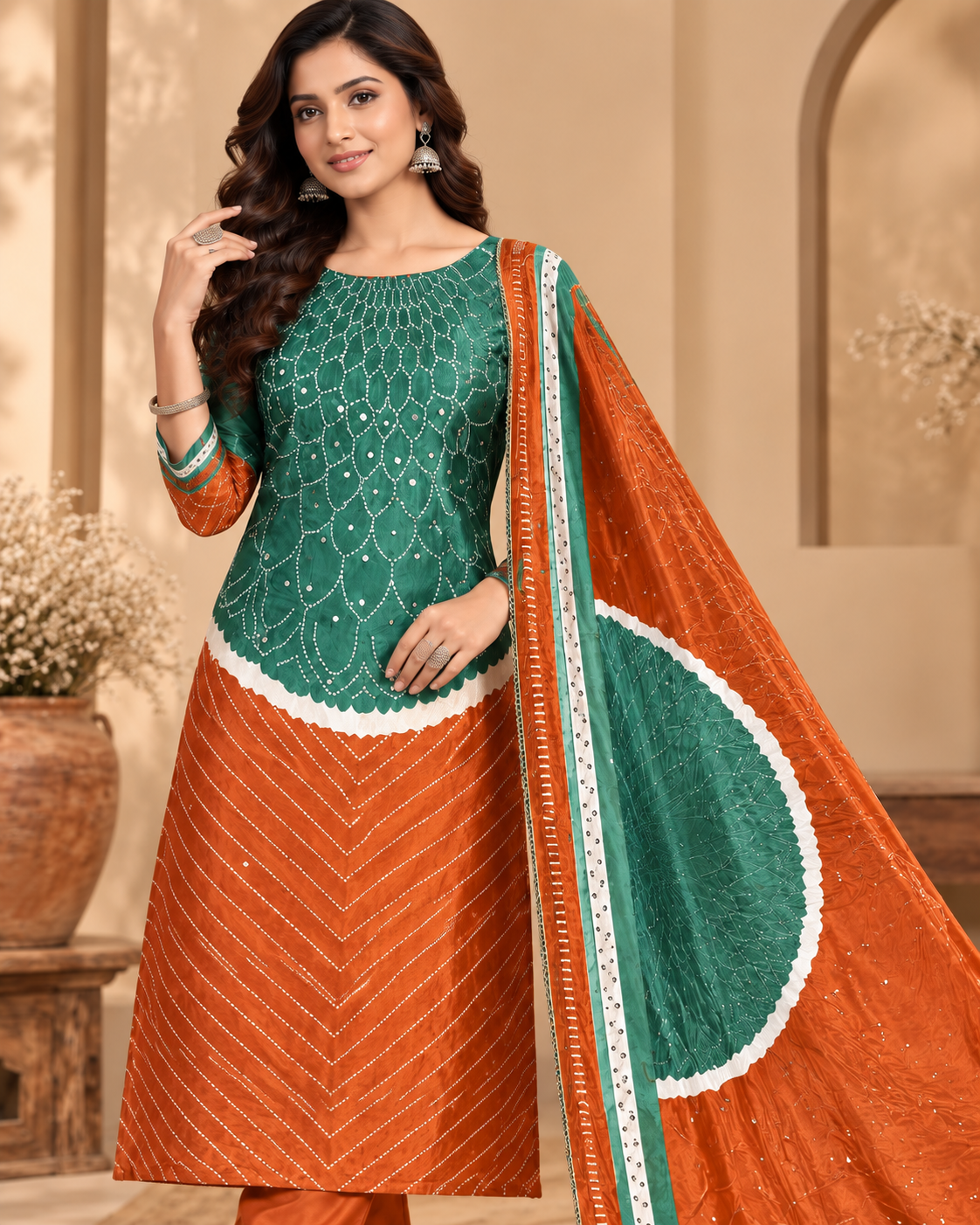 A woman models a traditional Indian salwar kameez suit set in a warm, neutral indoor setting. The set features a teal green embroidered kameez top, matching orange trousers, and a coordinating orange dupatta with a large teal circular motif and white border details.