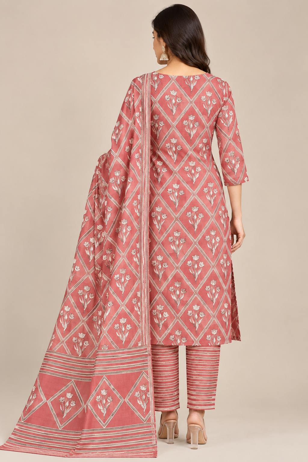 Women Pink Floral Printed Unstitched 3-Piece Suit Set with Embroidered Neckline & Matching Printed Dupatta