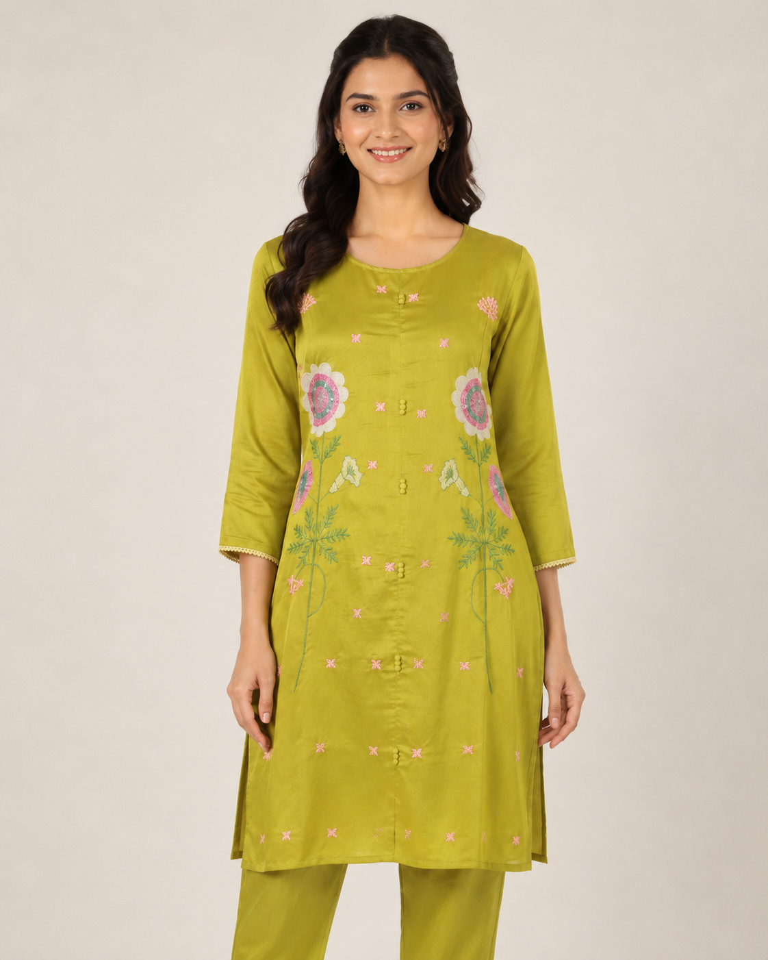 Women’s Olive Green Floral Embroidered Mul Chanderi Co-ord Set