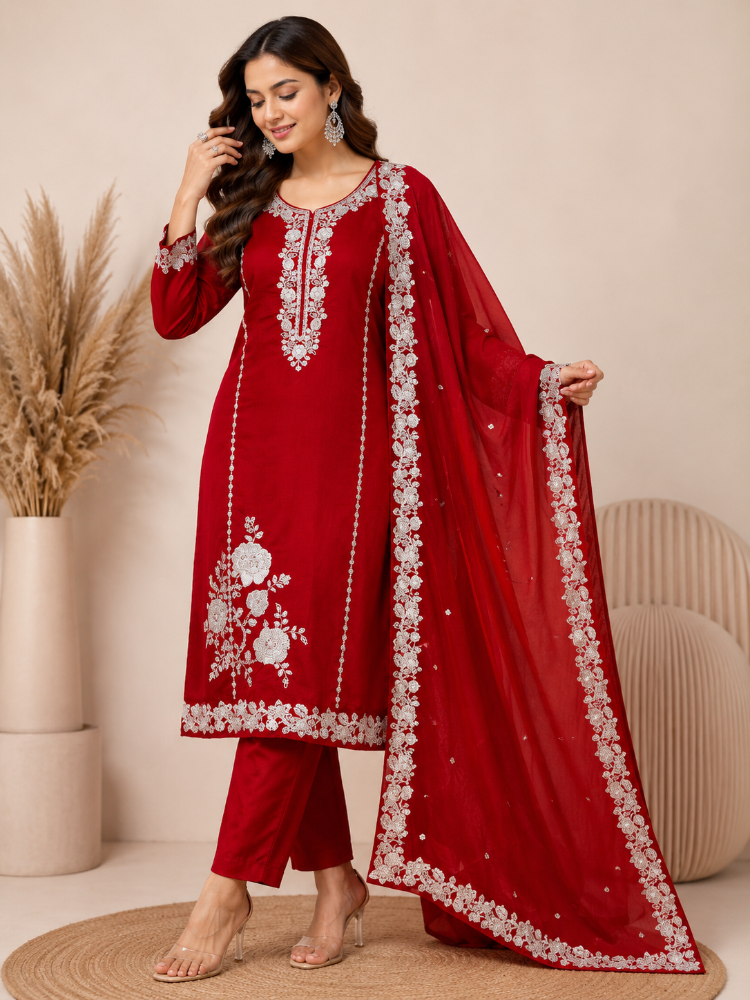 Women’s Maroon Red Handwork Embroidered Mul Chanderi Kurta Set with Dupatta