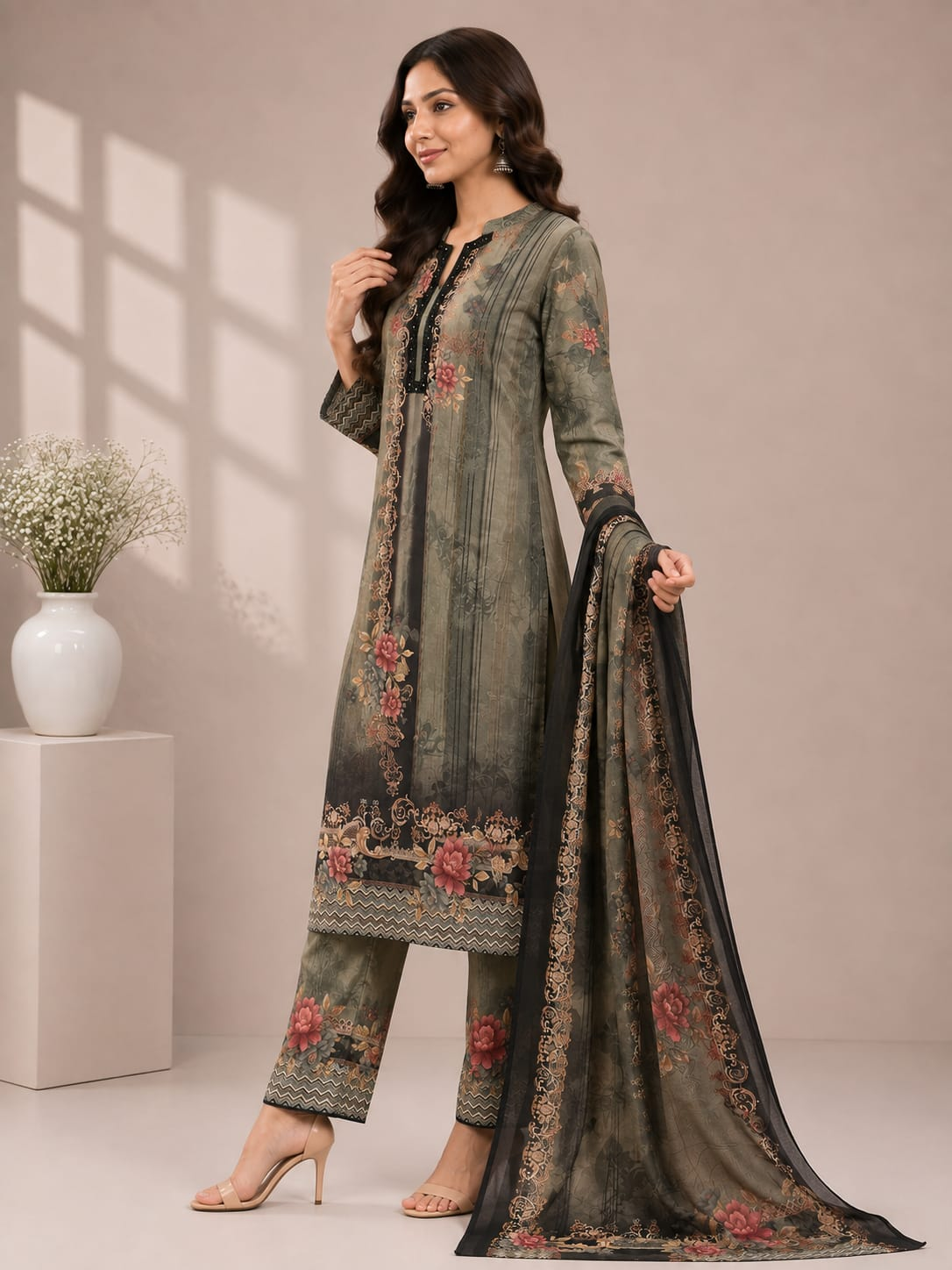 Women’s Olive Green Floral Printed Jam Satin Unstitched Suit Set with Embroidered Neck, Matching Bottom & Printed Dupatta