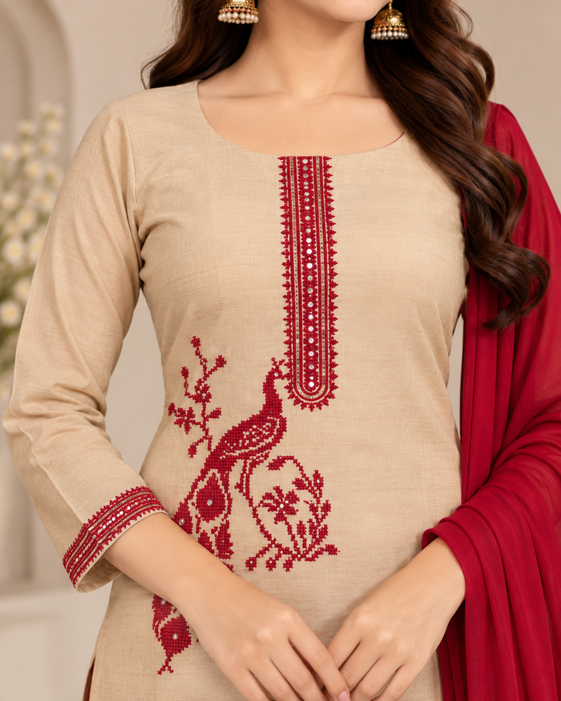 Beige and Maroon Peacock Embroidered Unstitched Salwar Suit Set with Matching Dupatta for Women