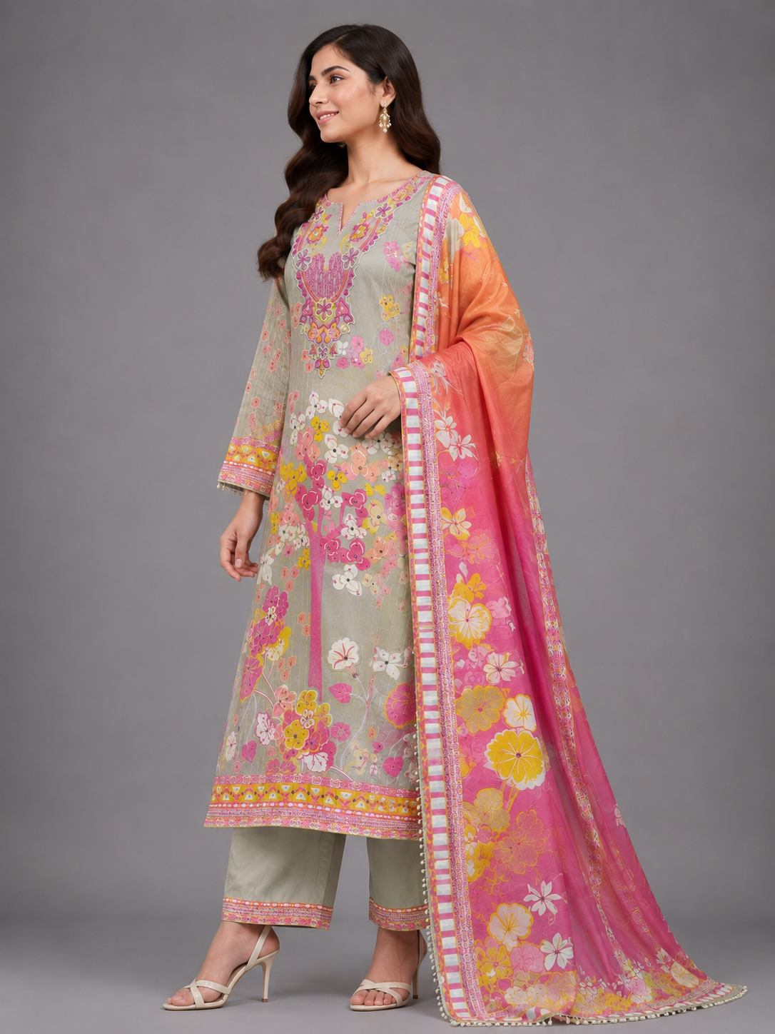 Sage Grey Floral Printed Cotton Unstitched Kurta Dress Material with Embroidered Neckline & Pink Dupatta