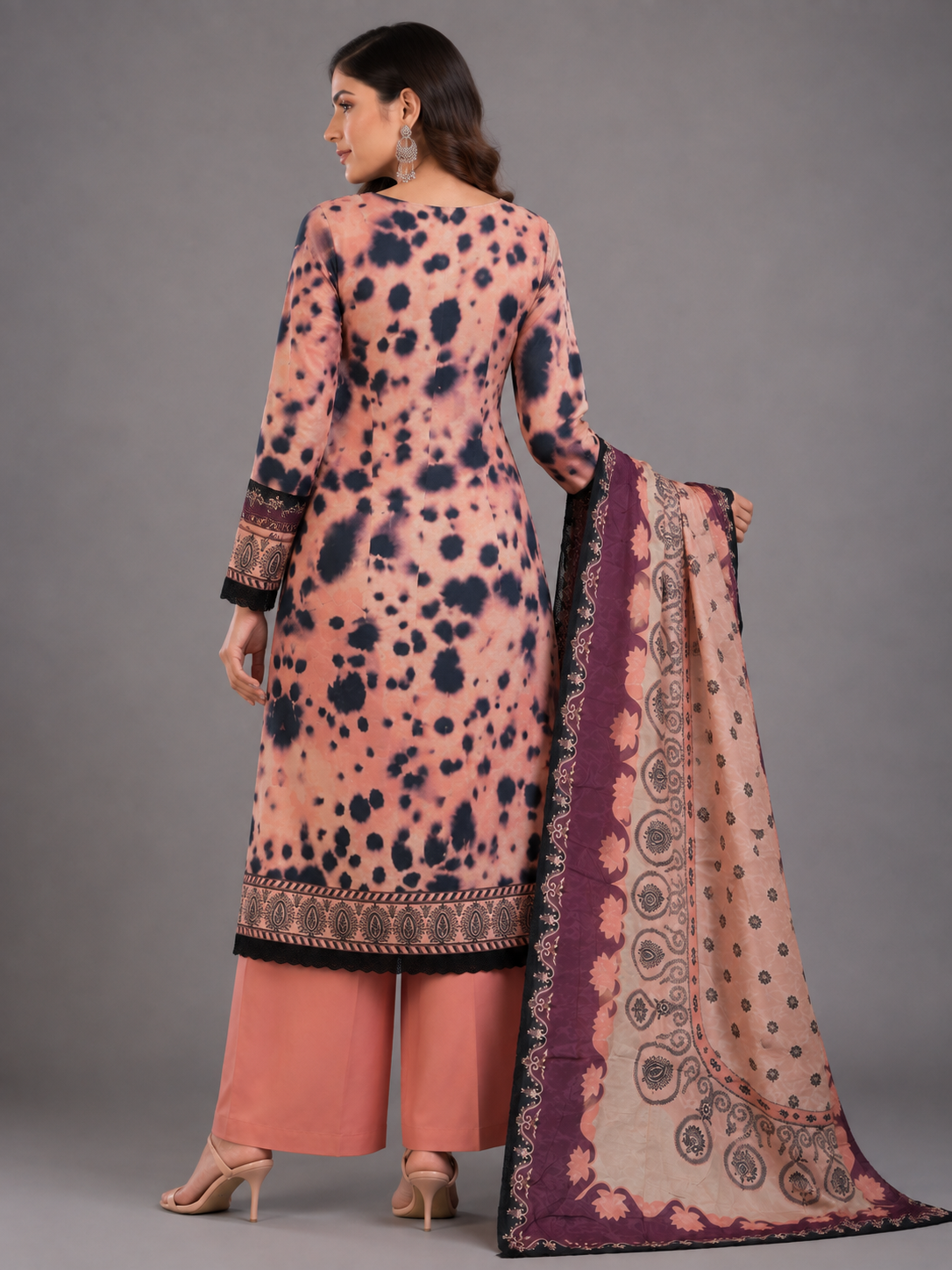 Shibori Print Peach Unstitched Dress Material with Dupatta