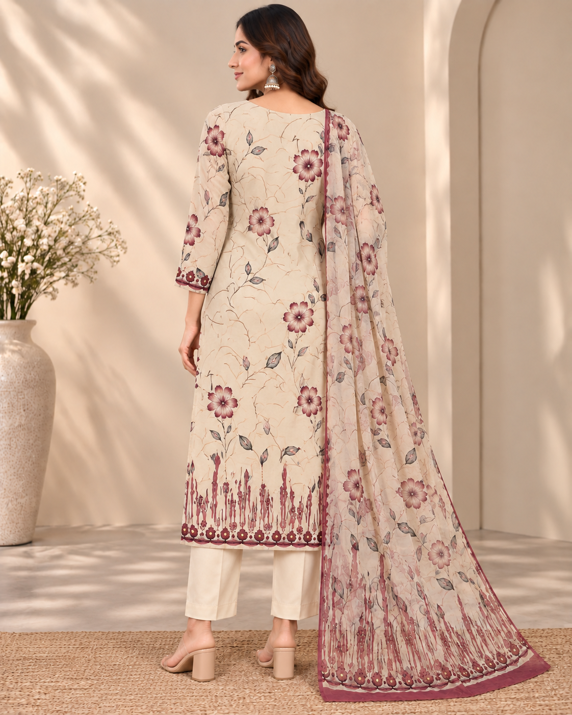 Women’s Cream Floral Printed Suit Fabric with Embroidered Front & Matching Printed Dupatta | Ethnic Dress Material